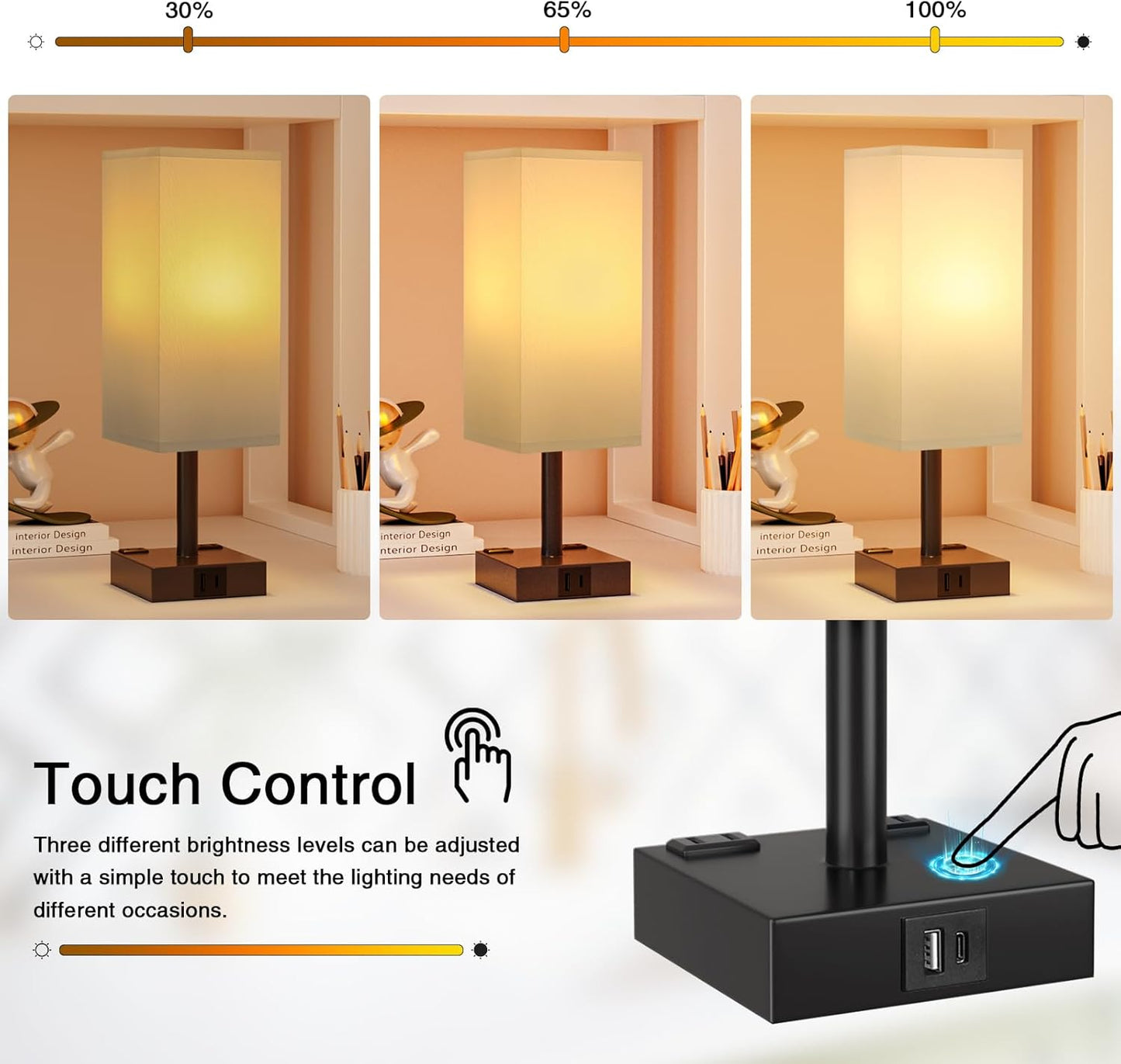 Touch Bedside Table Lamp for Nightstand - 3-Way Dimmable Night Lamp with USB A + Type C Charging Ports and Two AC Outlets, Small Desk Light with E26 LED Bulb for Bedroom Living Room,White Black