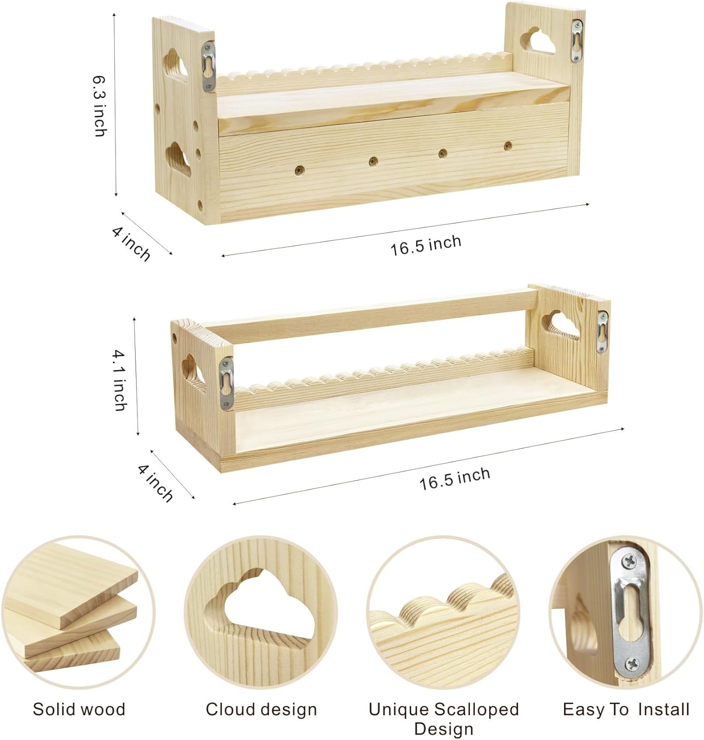 Idefair 16.5 Inch Floating Nursery Book Shelves Set of 4, Kid's Bookshelf for Wall, Natural Wood Toddler Room Decor and Storage Hanging Organizer