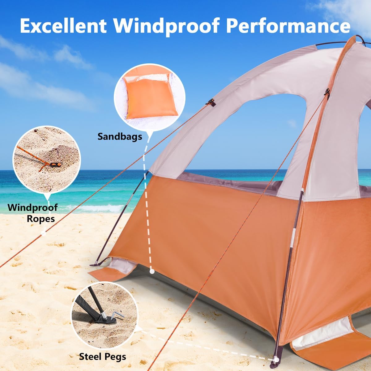 NXONE Beach Tent Sun Shade Shelter for 3/4/6 Person Person with UV Protection, Extended Floor, 3 Mesh Roll Up Windows & 8.0/8.5mm Fiberglass Rods丨Carry Bag Included