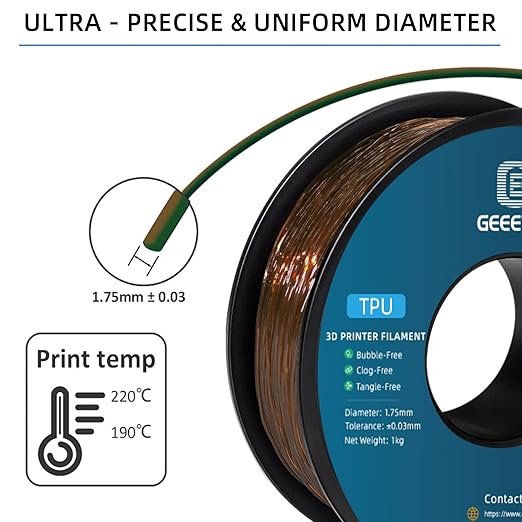 Geeetech TPU Filament 1.75mm, Shore 95A – Flexible 3D Printer Filament with High Elasticity, 1KG (2.2lbs) Spool, Dimensional Accuracy ±0.03mm, Fits Most FDM Printers (Clear Brown)
