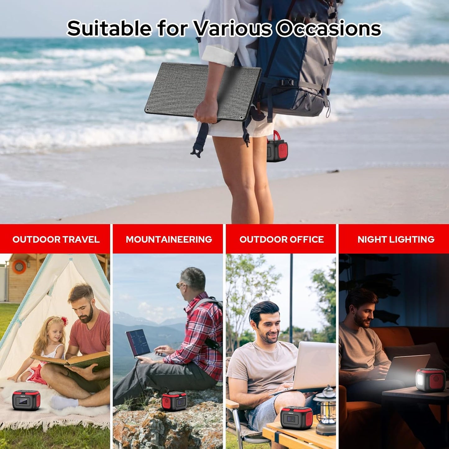 Portable Power Station, 97Wh Solar Generator, Lithium Battery Power with 110V AC 150W Peak Socket/DC/USB QC3.0/LED Light for Outdoor Camping Trip Home Backup Emergency