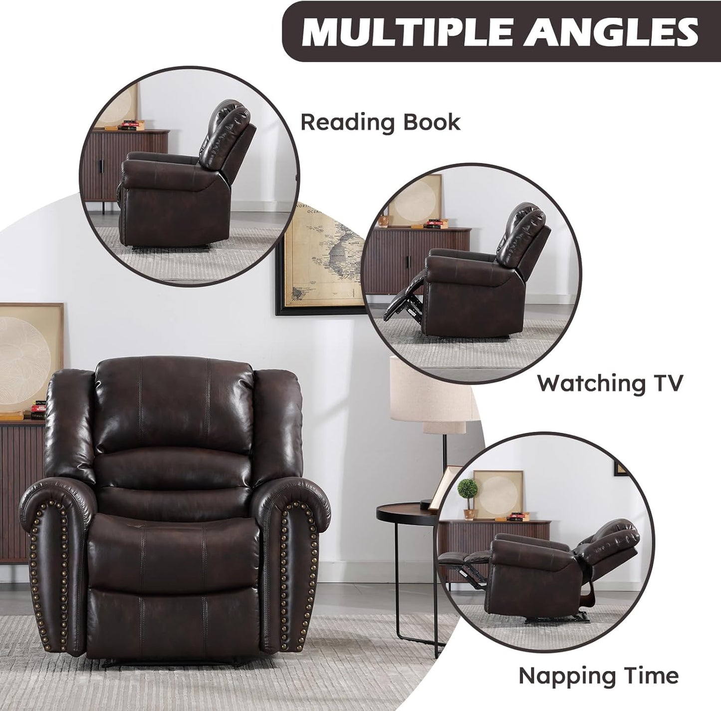 CANMOV Leather Recliner Chair Set of 2, Classic and Traditional Manual Recliner Chair with Comfortable Arms and Back,Manual Single Recliner Sofa for Living Room, Dark Brown