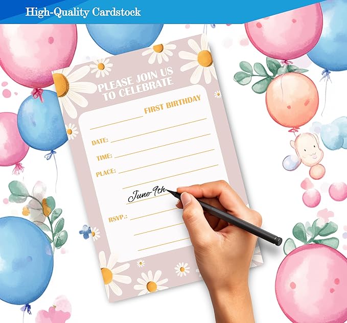 Daisy 1st Birthday Invitations for Girls, Daisy One Birthday Party Invitaions for Party Invites, 4x6 Inches, 30 Sets with Envelopes