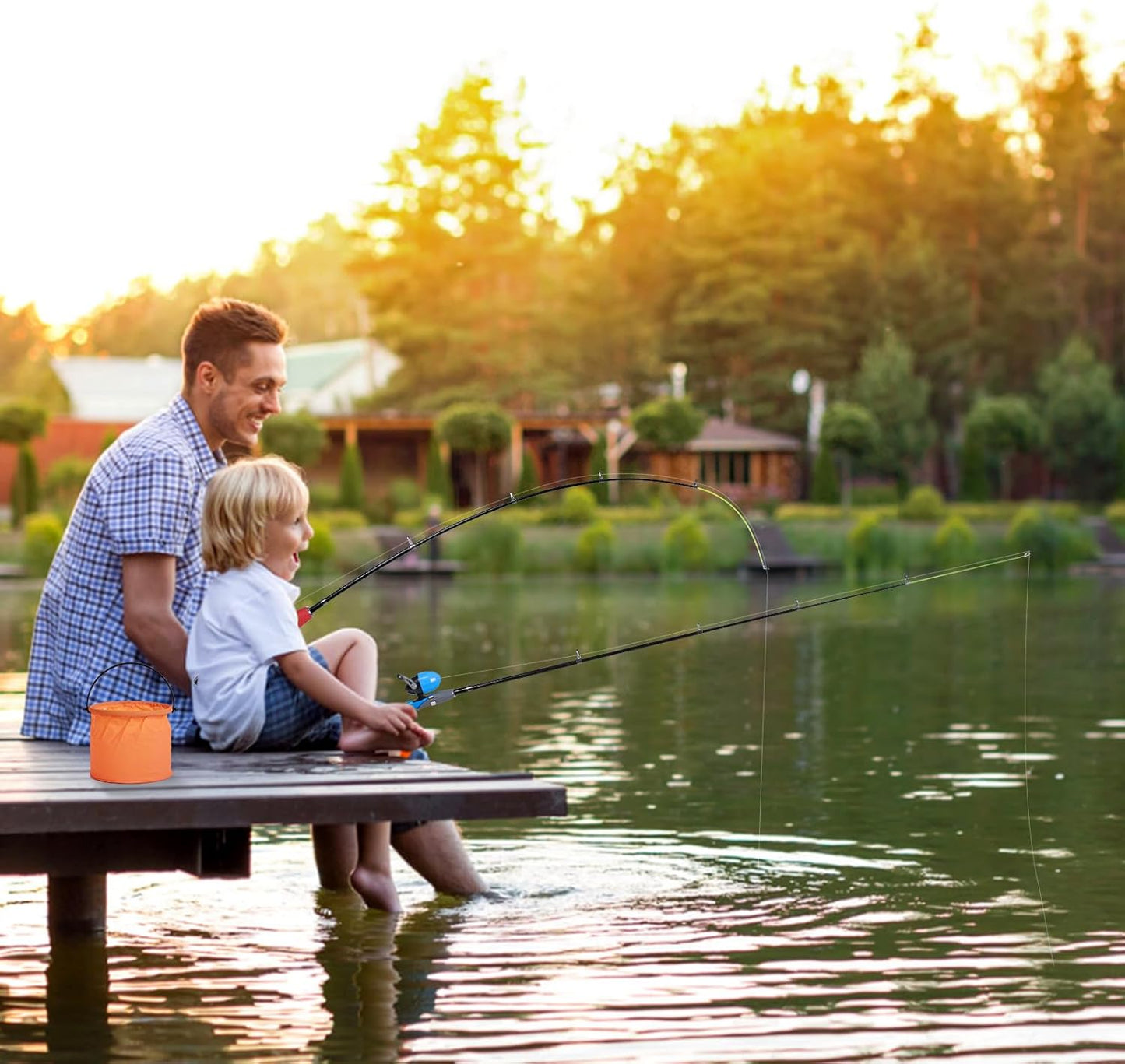 Urban Deco Kids Fishing Pole Kit 2 Pack, Portable Telescopic Kids Fishing Rod with Tackle Box, 2 Fishing Net and 2 Bucket for Beginners, Boys,Girls,Youth