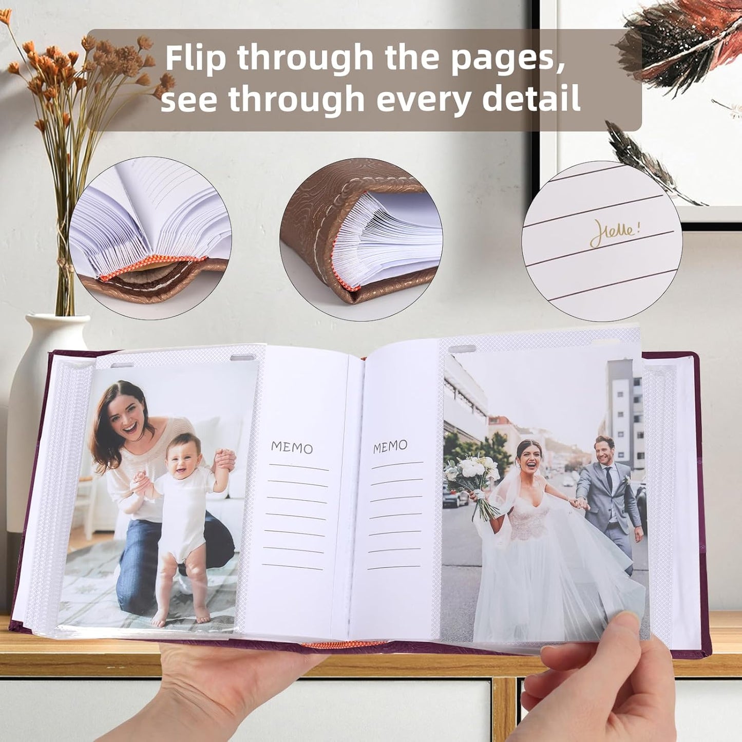 RECUTMS Photo Album 4x6 with Writing Space 100 Photos Photo Book, Leather Cover Picture Album with Memo Areas for Wedding Anniversary Family Baby Couple Valentines Graduation Travel (Purple)