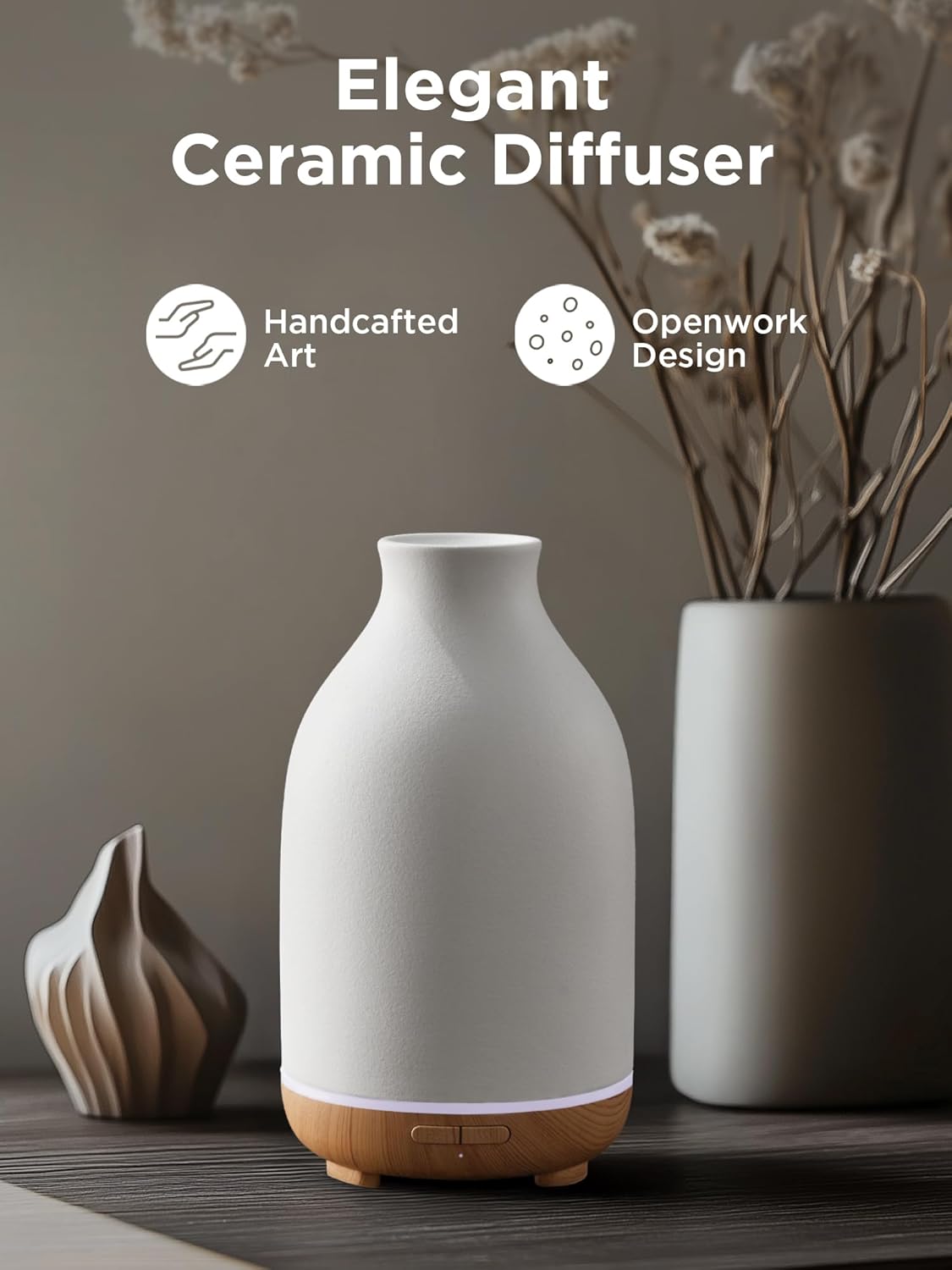 InnoGear Essential Oil Diffuser, 150ml Ceramic Stone Diffuser Handcrafted Aromatherapy Diffusers Ultrasonic Cool Mist Humidifier Vaporizor with 2 Mist Modes Waterless Auto Off for Room Office, White