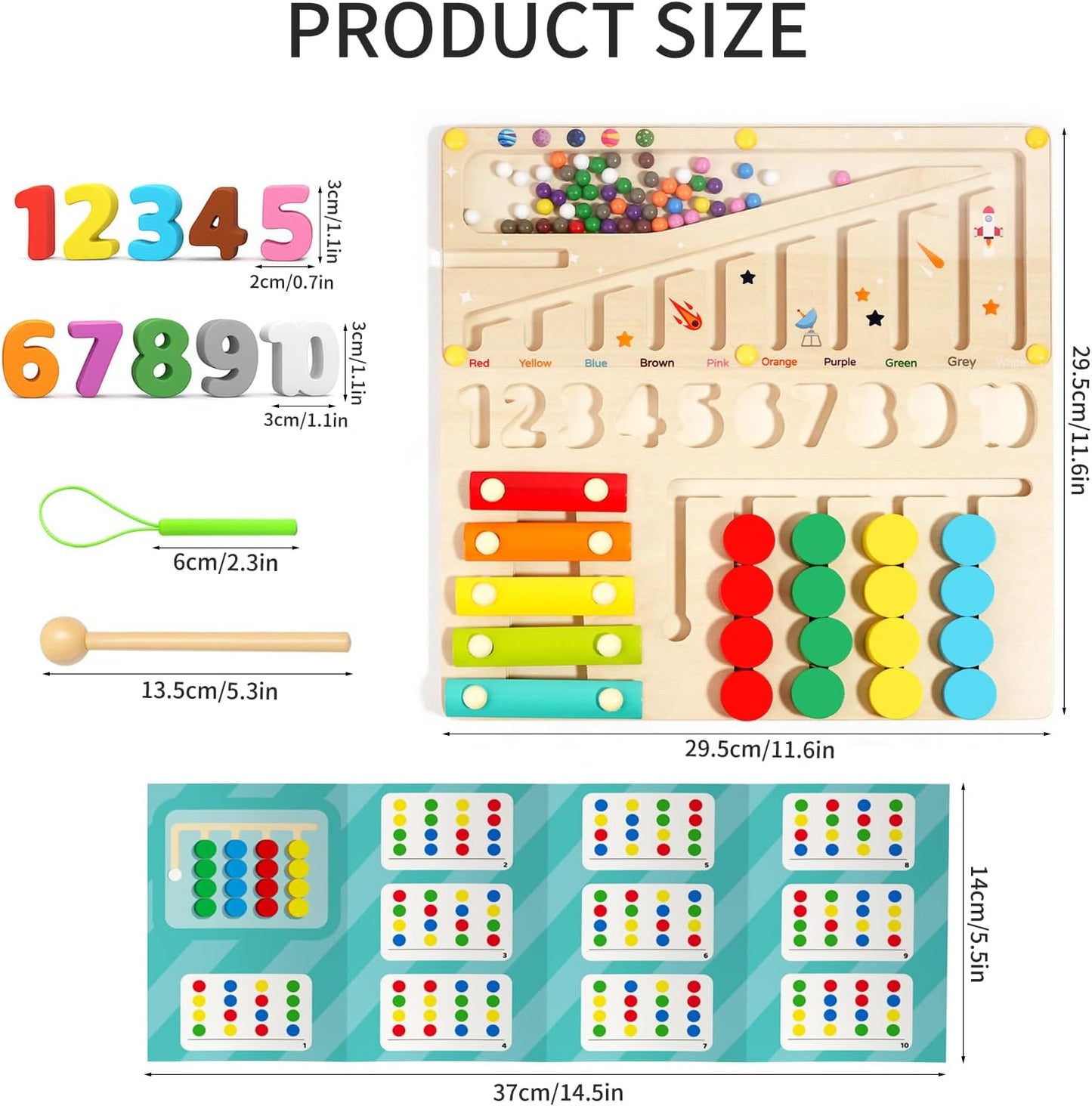 Magnetic Color and Number Maze, Xylophone, Sliding Puzzle & Number Match 4-in-1 Wooden Toy for Kids Montessori Fine Motor Skills Educational Toy for Preschool Learning and Home Play