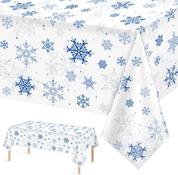 1 Pieces Snowflake Christmas Party Tablecloth Decorations,Plastic White Snowflake White Blue Xmas Backdrop Sign Table Cover Banner for Winter Christmas Holiday Party Supplies,54x108 inch（White/Blue）
