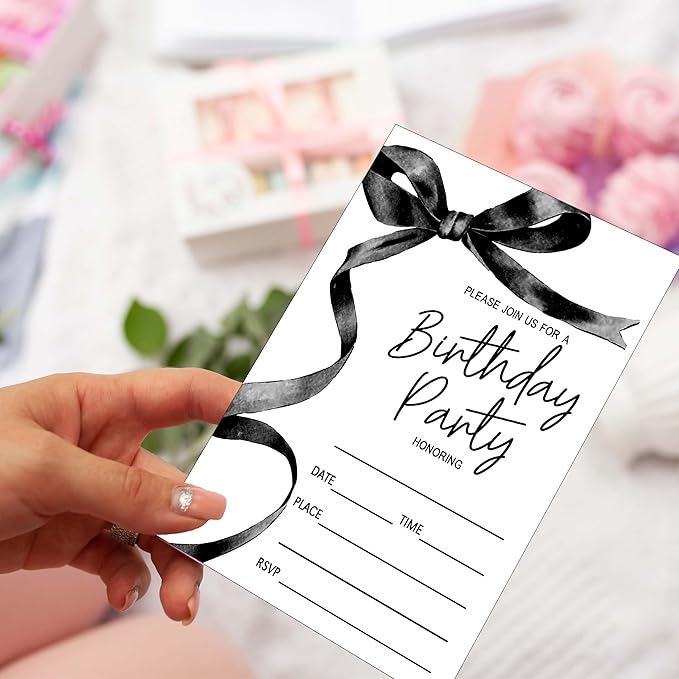 SIXEIGHT Black Bow Birthday Invitations, Black Ribbon Bow Birthday Party Invitations, 20 Party Invitations with Envelopes for Girls Boys, Birthday Party Favor & Decoration (4"x6")-A01
