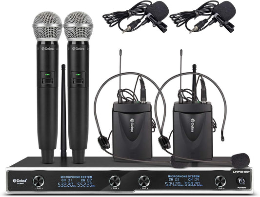 D Debra Audio D-440 UHF 4-Channel Wireless Microphone System with 4 Cordless Mics, Home Karaoke KTV Set, Ideal for Party, Church, Weddings, Stage, DJ, Outdoor, 300 Ft (2 Handheld & 2 Bodypack)