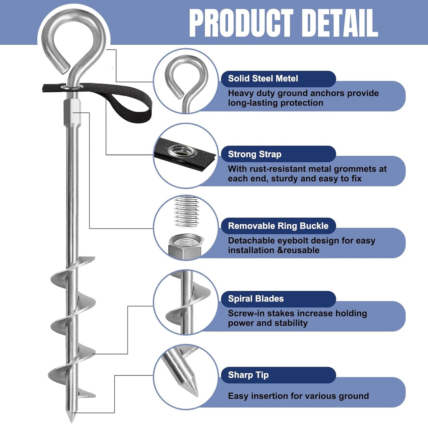 Eurmax USA Trampoline Stakes Screw in Tent Stakes Parts Heavy Duty for Canopies,4-Pack Outdoor Anchor Kit with Straps(Silver)