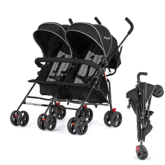 Dream On Me Volgo Twin Umbrella Stroller in Black, Lightweight Double Stroller for Infant & Toddler, Compact Easy Fold, Large Storage Basket, Large and Adjustable Canopy