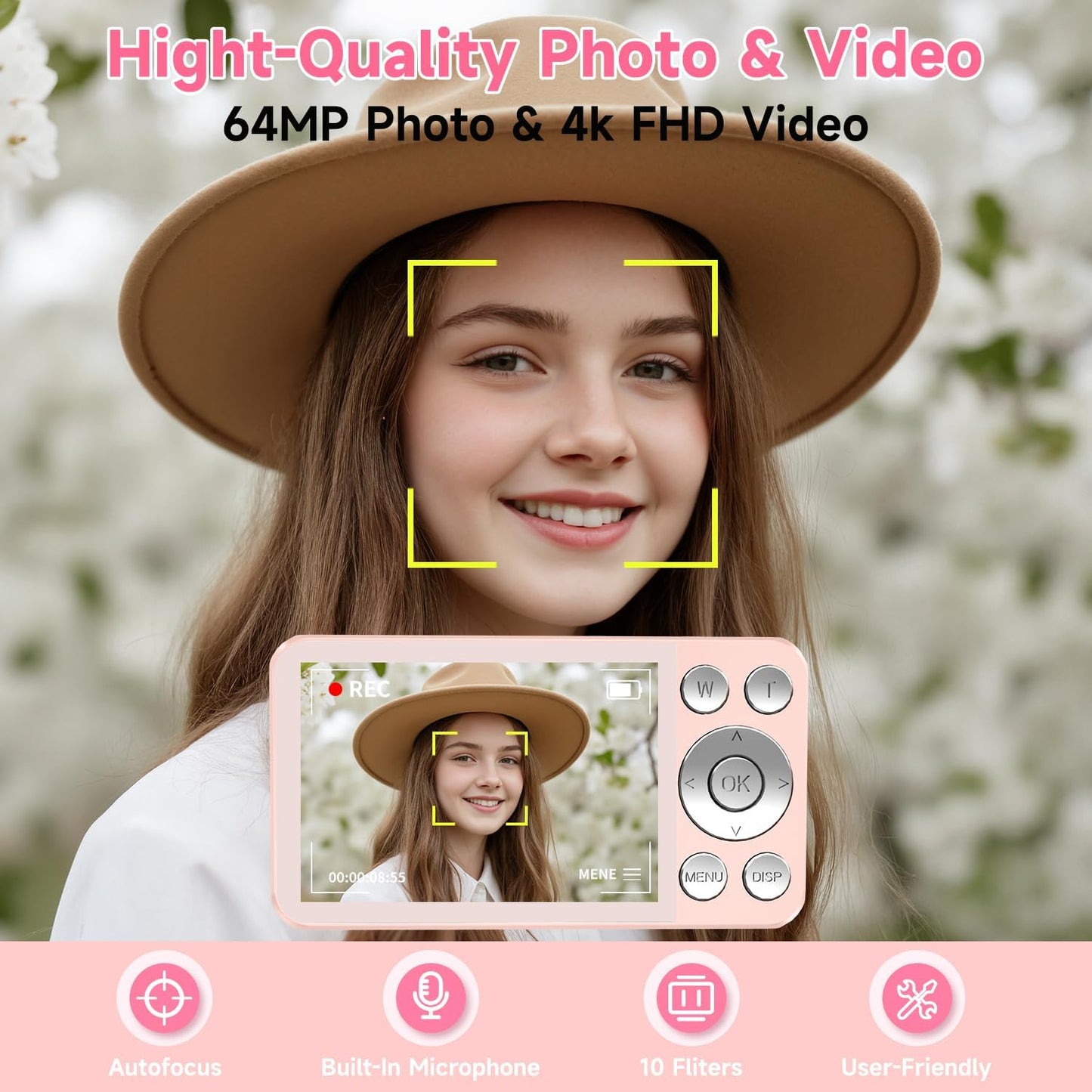 Digital Camera, Autofocus 4K 64MP Point and Shoot Digital Cameras for Teens with 64GB Card, 18X Zoom Anti-Shake Compact Video Camera for Student Kids Boys Girls Beginner - Pink