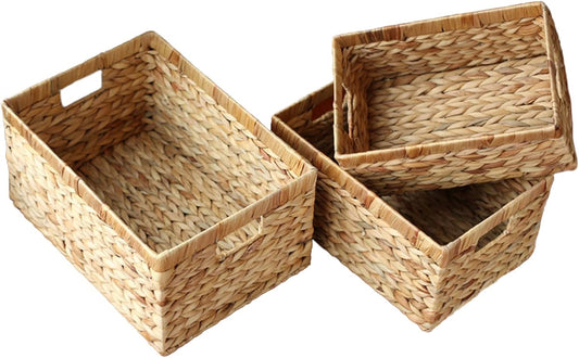 Water Hyacinth Wicker Baskets for Organizing, Rectangular Wicker Baskets with Built-in Handles 3-Pack
