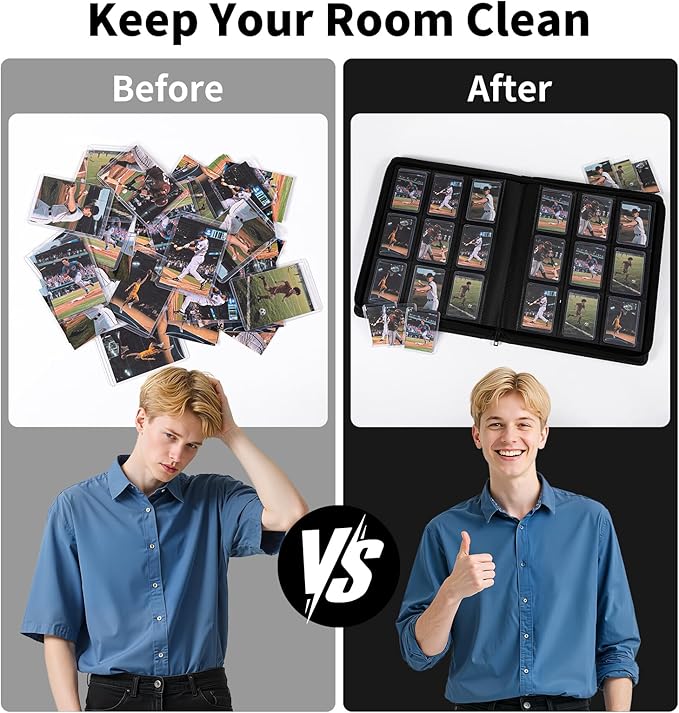 9-Pocket Toploader Binder, Baseball Football Sports Game Cards for 3"x4" Rigid Toploaders Trading Card Collection Album Holds 288 Cards Waterproof Storage Book Easy to Insert (Black)