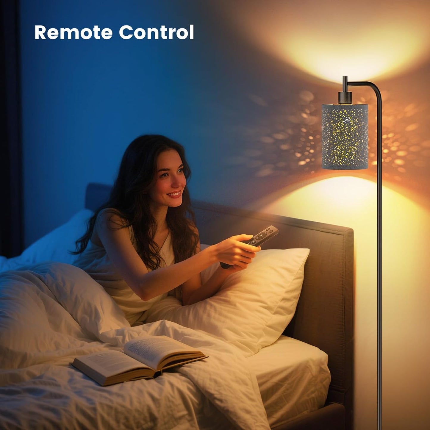 Floor Lamp with Linen Shade, Dimmable Tall Standing Lamp with Remote Control & 3 Color Temperatures, Modern Floor Lamps for Living Room Bedroom Office Corner, 9W LED Bulb Included