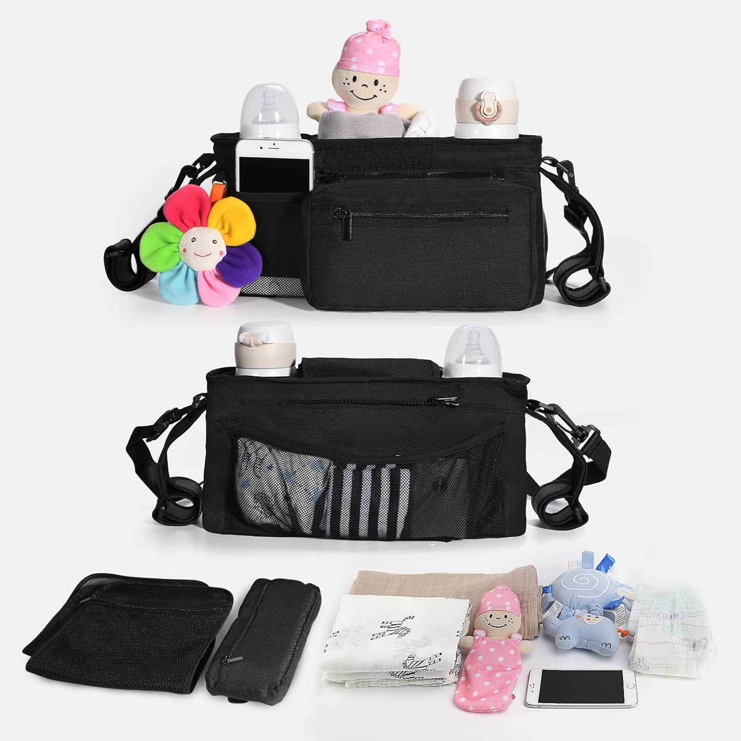 Momcozy Universal Stroller Organizer with Insulated Cup Holder Detachable Phone Bag & Shoulder Strap, Fits for Stroller like Uppababy, Baby Jogger, Britax, BOB, Umbrella and Pet Stroller