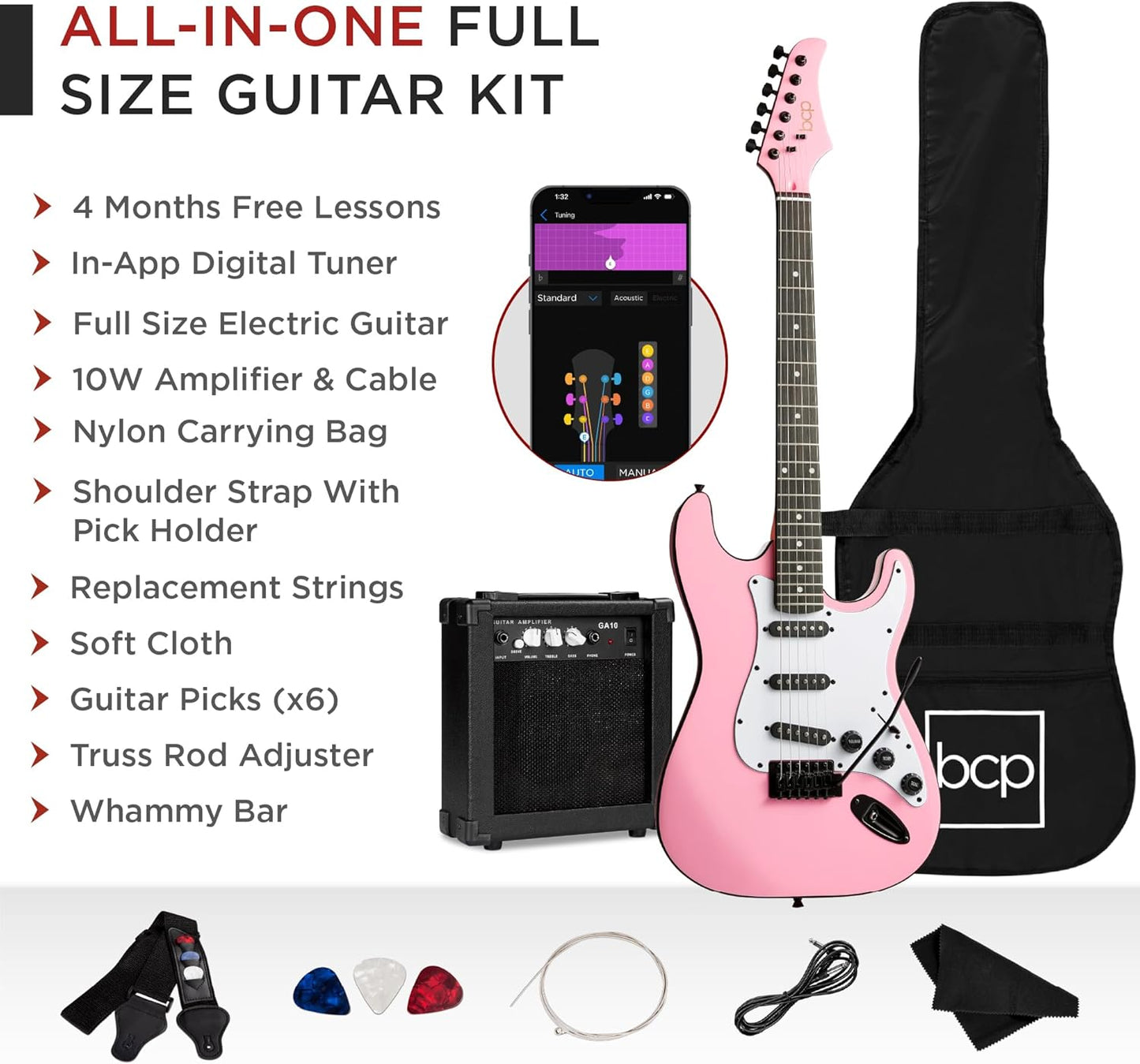 Best Choice Products 39in Full Size Beginner Electric Guitar Starter Kit w/Case, Strap, 11W Amp, Strings, Pick, Tremolo Bar - Pink
