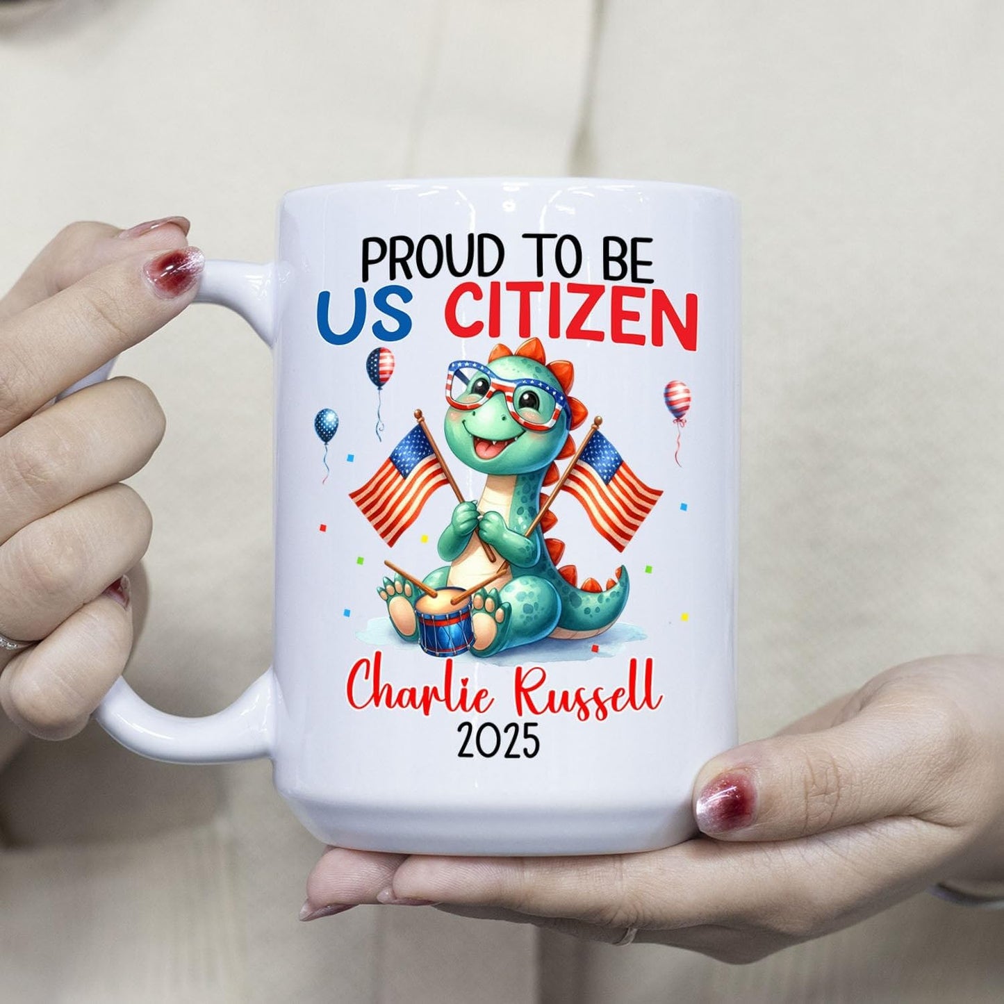 Personalized American Citizen Coffee Mug, Proud To Be Us Citizen Coffee Cup Gift For Grandkid Friend Bestie, Customized Year & Name US Citizenship White Cup, Awesome American Flag Ceramic Mug 11 15Oz