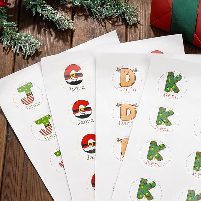 Personalized Christmas Name Stickers Xmas Decorations Initial Gift Stickers | 4 Initial Design | Custom Waterproof Cute Labels for Gift Box, Party Decorations, Envelopes | 30 Pcs ﻿