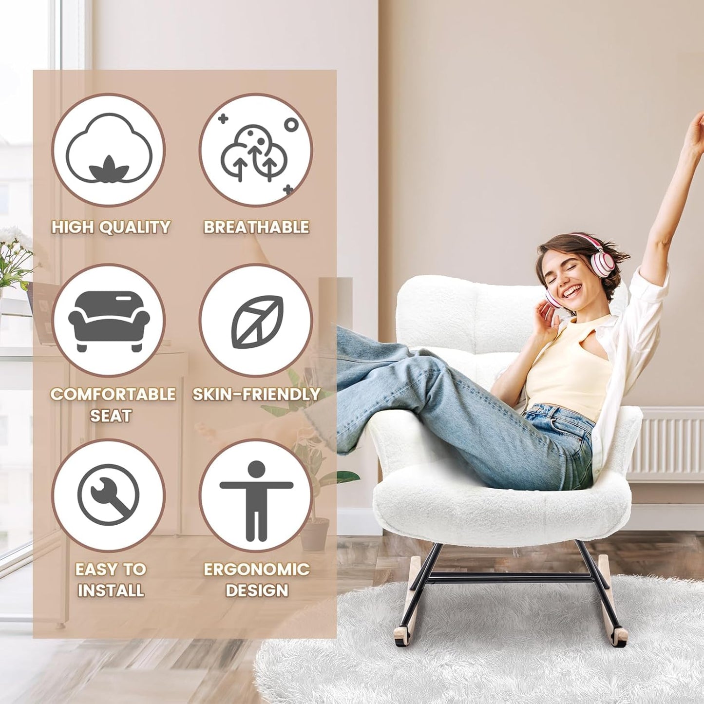 Rocking Chair Nursery Teddy Upholstered Glider Rocker Rocking Accent Chair Padded Seat with High Backrest Armchair Comfy Side Chair for Living Room Bedroom Offices (White Teddy)