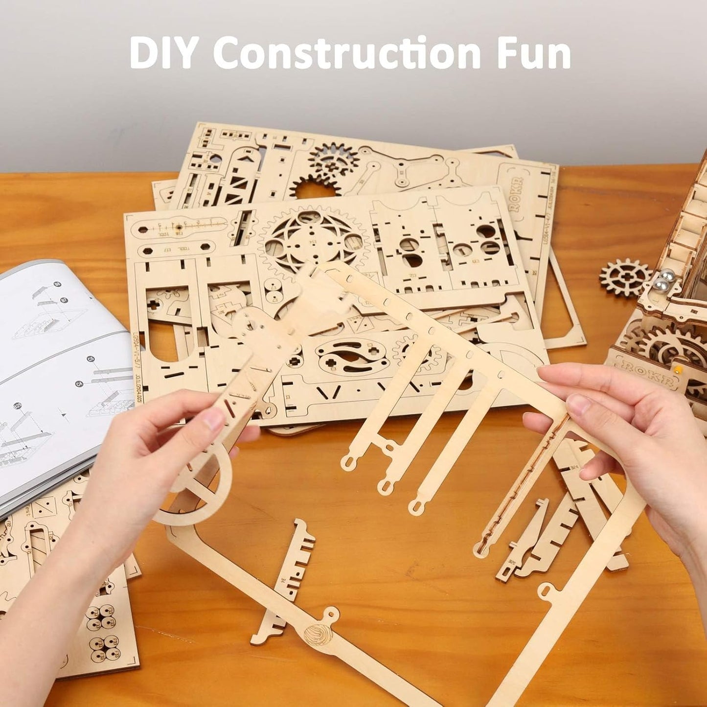 ROKR 3D Wooden Puzzles Marble Run Set - Mechanical Model Kit for Adults DIY Roller Coaster Toys Gifts for Boys/Girls (Marble Channel)