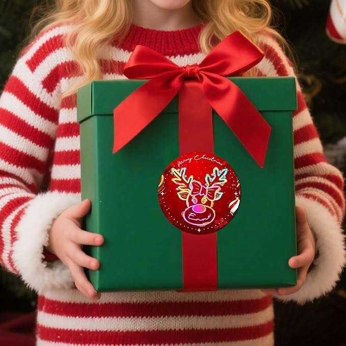 Personalized Christmas Stickers - Custom Name Waterproof Christmas Gift Tags for Gift Box Xmas Holiday Decorations Party Favors - 30 Stickers (Neon Reindeer)