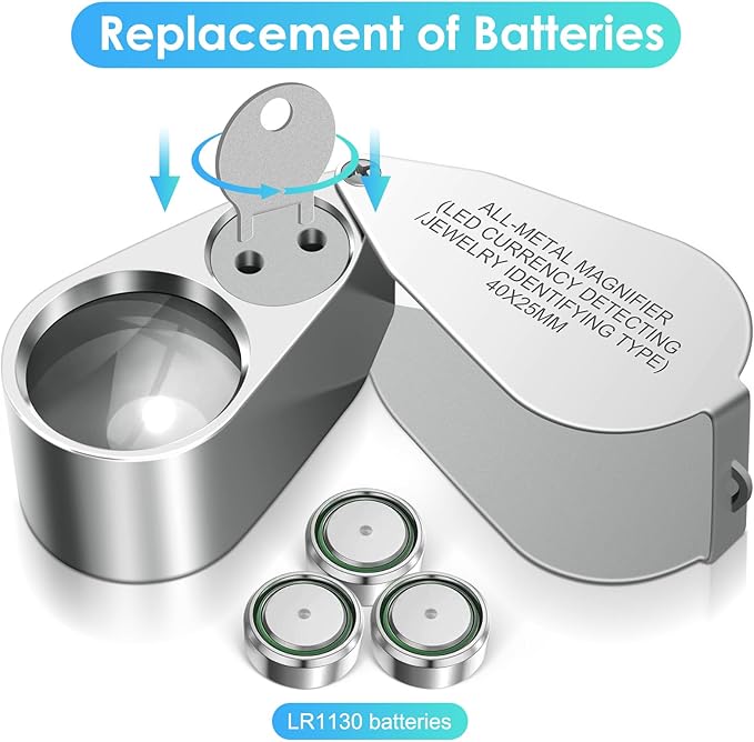 Leffis 2 Pack 40X Jewelers Loupe Magnifier Magnifying Glasses, LED/UV Illuminated Jewelry Loop Pocket Folding Magnifying Glass with Metal Construction for Jewelry, Stamp, Rock Collecting