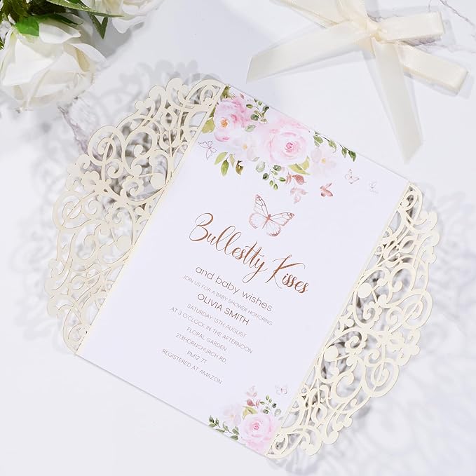 50Pcs Gold Glitter Laser Cut Wedding Invitation with Envelopes RSVP Cards and Ribbons Blank Card Invitaciones Para 15 Años Personalizados Quinceañera Baby Shower Party Invites