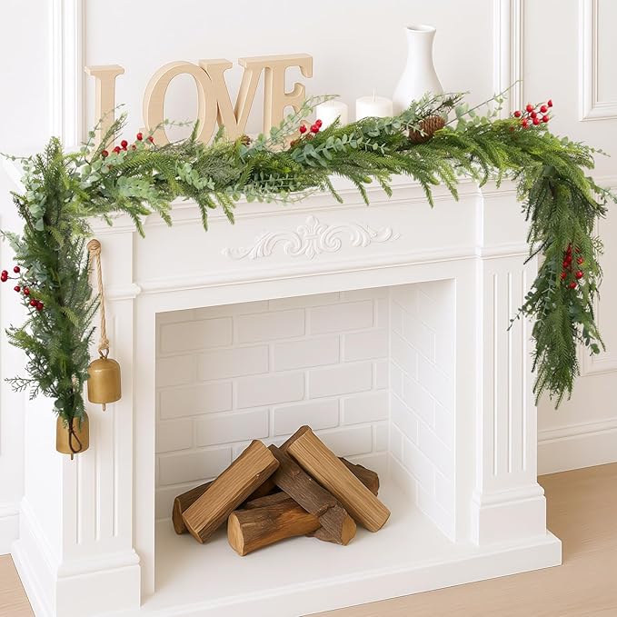 9FT Christmas Garland Norfolk Pine Tree Artificial Cedar Eucalyptus Greenery, Realistic Pine Garland for Mantel Fireplace Stair Rail Doorway Table Centerpiece, Indoor Outdoor Winter Decor