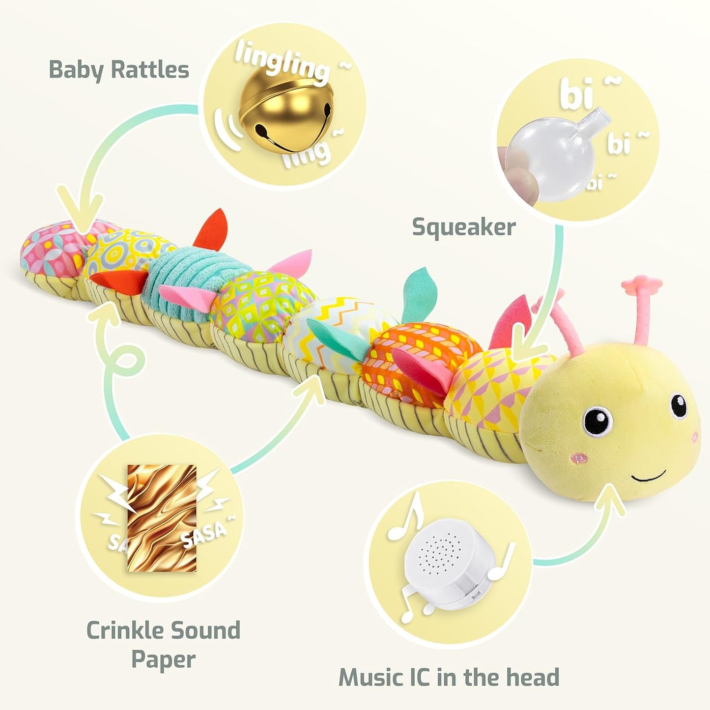 Sumobaby Baby Girl Toys Musical Caterpillar, Stuffed Animal Activity Soft Toys with Teether,Multi-Sensory Crinkle, Rattle and Textures,for Tummy Time baby toys 0 to 12 months Girls,Caterpillar(Yellow)