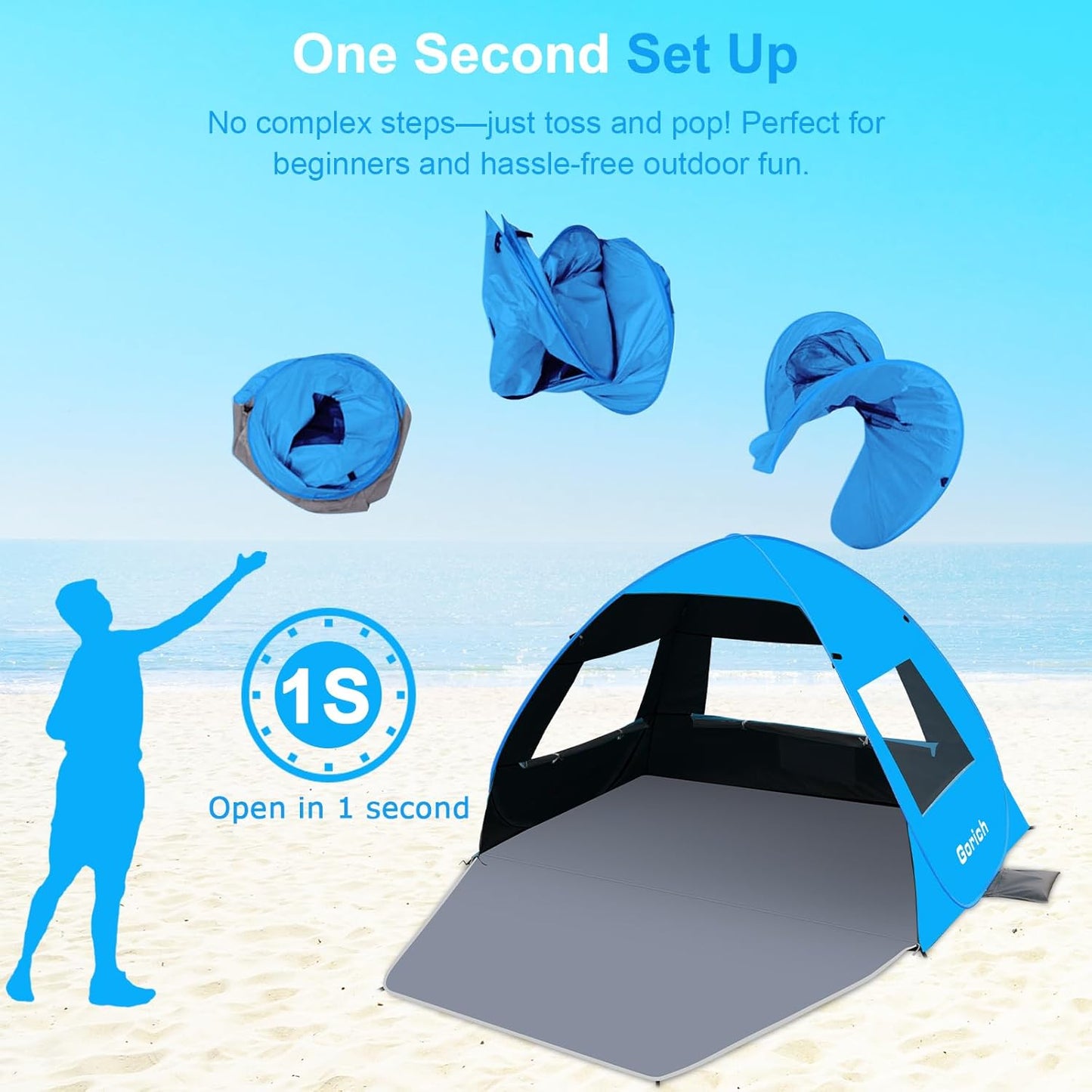 Gorich Easy Pop Up Beach Tent for 3-4 Person, UPF 50+ UV Protection Beach Umbrella Sun Shelter, Portable Lightweight Shade with Easy Foldable & Instant Setup