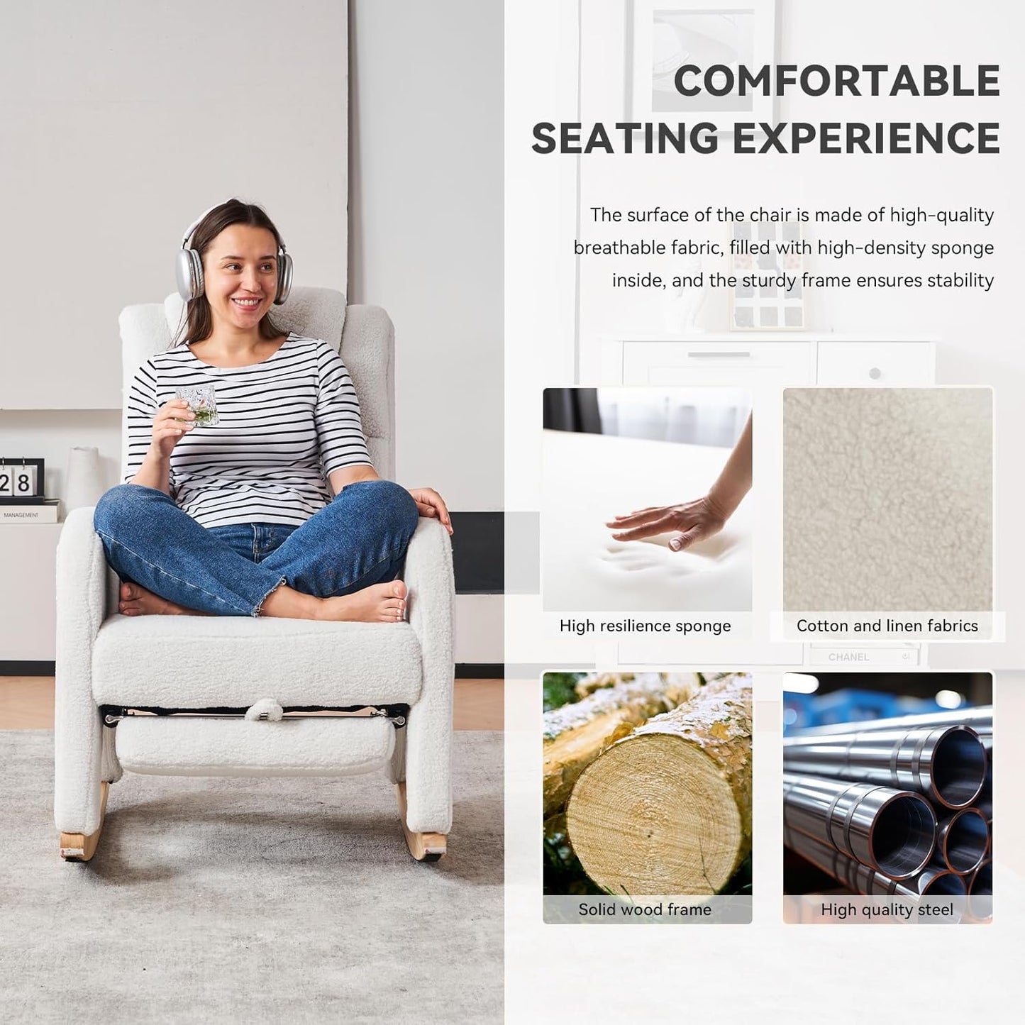 Rocking Chair Nursery, Modern Glider Chair with Adjustable Footrest and Solid Wood Legs, High Backrest Nursery Chair with Side Pocket, Rocker Armchair for Living Room Bedroom, Teddy Ivory