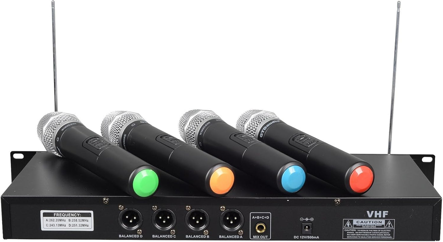 GTD Audio 4 Handheld Wireless Microphone Cordless mics System, Ideal for Church, Karaoke, Dj Party, Range up to 300 ft,