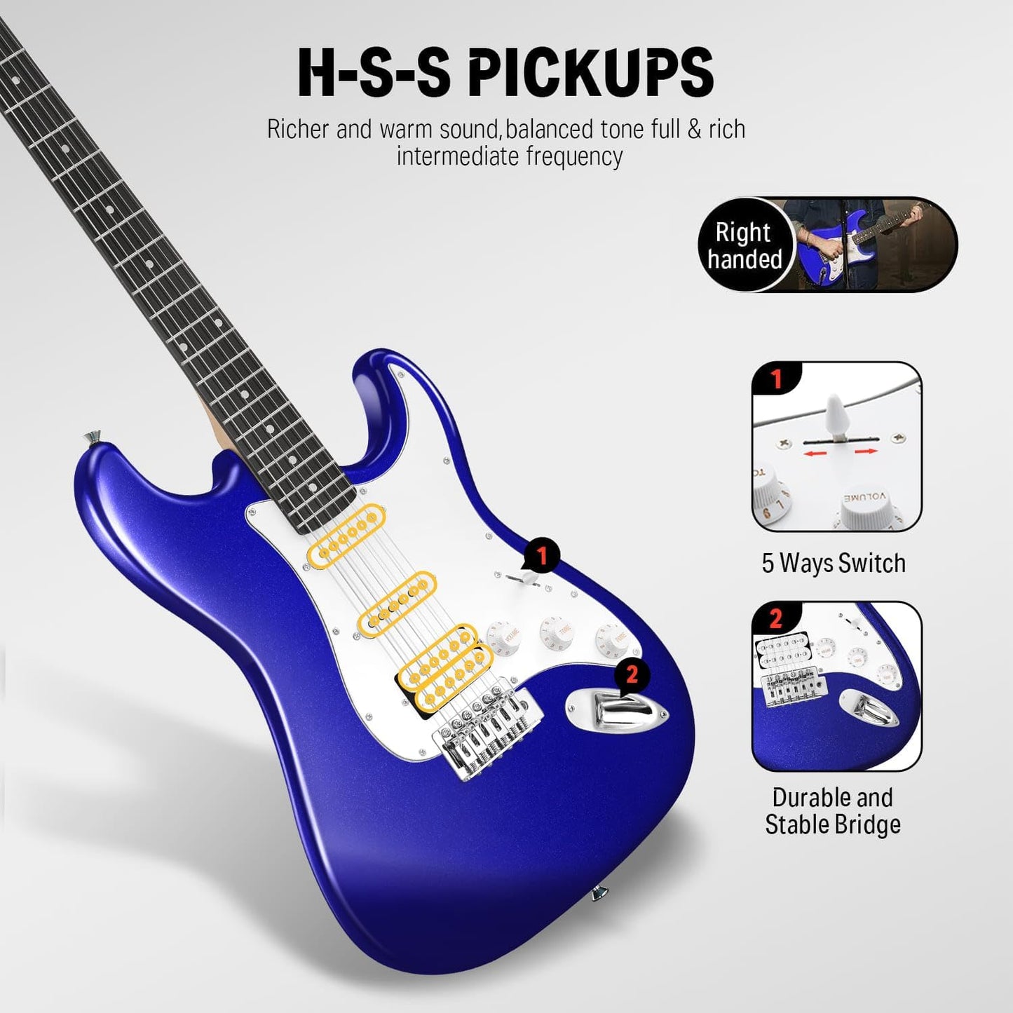 Donner 39-Inch Electric Guitar Kit - Purple Sapphire Blue HSS Pickup, Amplifier, Lessons, Bag, Tuner, Capo, Strap, Cable, Picks