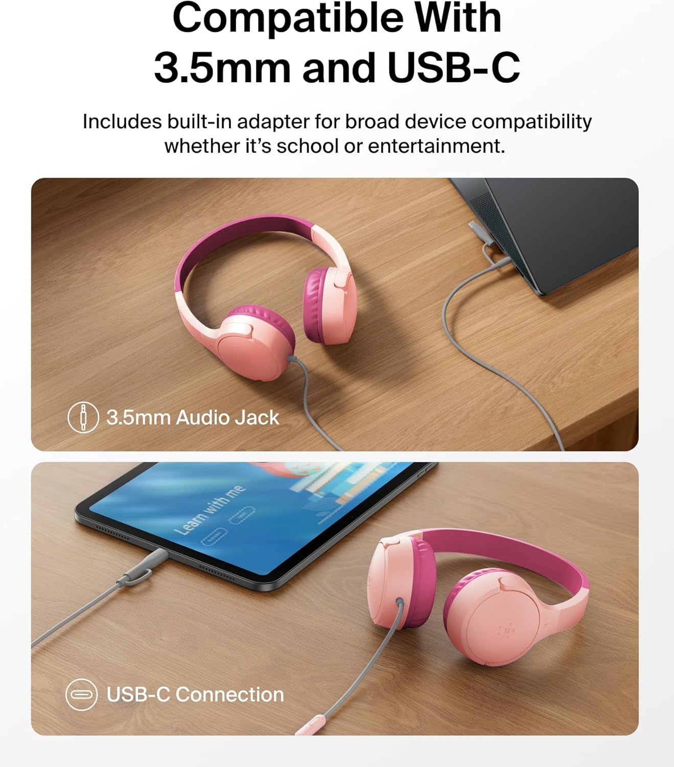 Belkin SoundForm Mini Kids Wired Headphones w/USB C to 3.5mm Dongle, Built-in Mic & Fun Stickers, 85dB Max Volume – for Online Learning, Travel, Compatible w/iPhone 16, iPad, Galaxy S25, etc - Pink