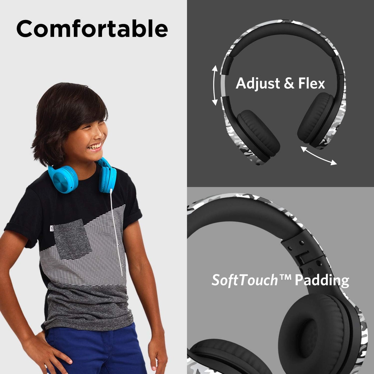 LilGadgets Connect+ Pro Wired Kids Headphones for School w/Microphone, Volume Limiting Noise Reducing Over-Ear Headset w/Cord, SharePort Technology & SoftTouch Padding, Snow Camo Headphones for Kids