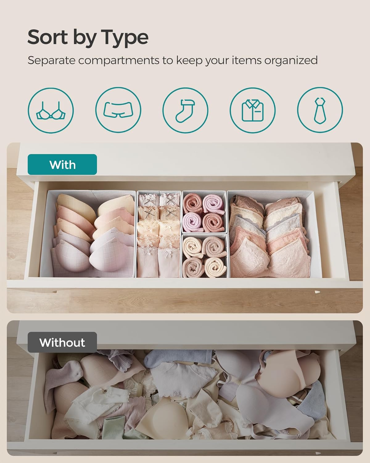 SONGMICS Drawer Organizer,Dresser Drawer Organizers, Set of 12, Foldable Fabric Storage Bins for Socks, Underwear, Bras, Ties, Scarves, Cloud White URDZ006W02