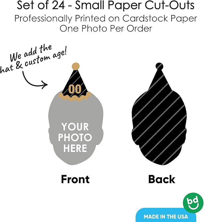 Big Dot of Happiness Custom Photo Adult Happy Birthday - Black & Gold Personalized Birthday Party DIY Paper Shaped Fun Face Cut-Outs - 24 Count