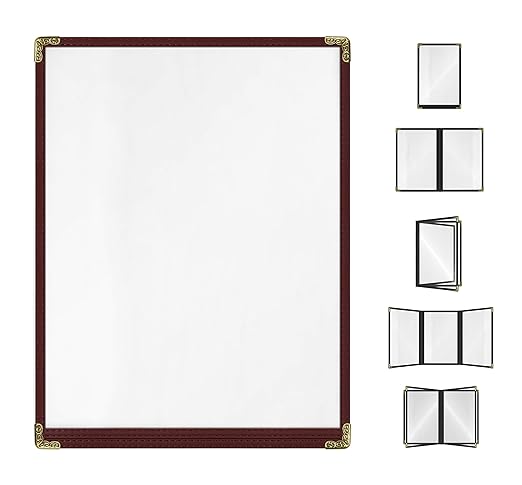 Goodsmart Restaurant Menu Covers – 25 Pack Burgundy 2-View, Top-Loading Menu Holders, Vinyl & Plastic Café Menu Covers, Clear Menu Sleeves, Fits 8.5" x 11", Leather-Style Design, Gold Corners