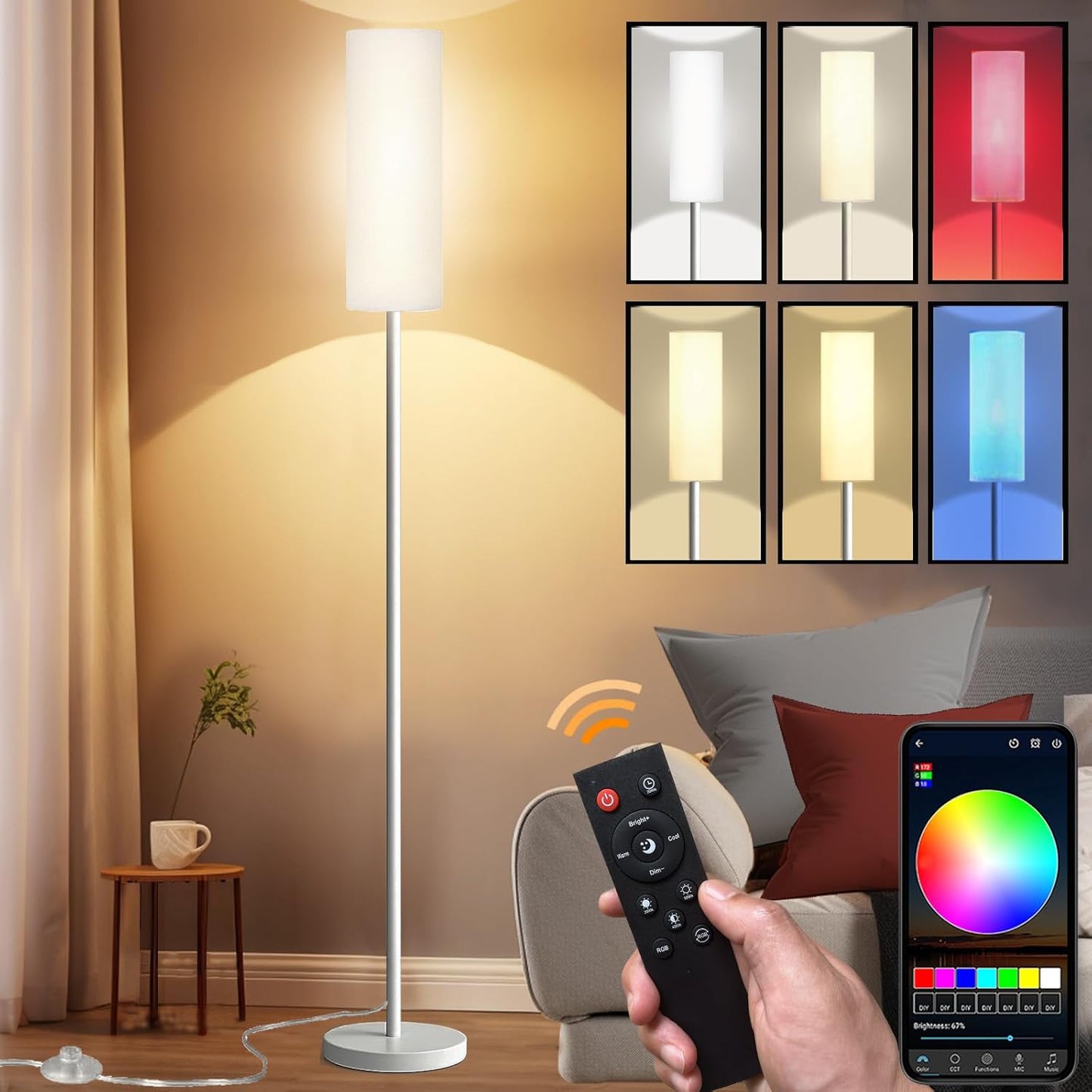 Smart LED Floor Lamp with APP Control & RGB Colors - Dimmable Standing Lamp for Living Room, Bedroom, Gaming - Remote, Timer, 9W Bulb Included, 67" Modern Tall Lamp (White)