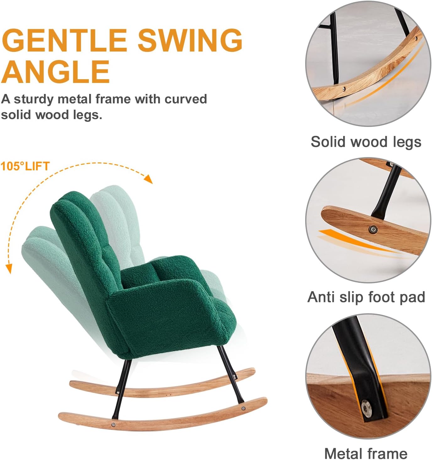 Nursery Rocking Chair, Teddy Fabric Upholstered Glider Rocker with High Backrest, Modern Rocking Accent Chairs Comfy Side Chair for Nursery, Bedroom, Living Room (Green)