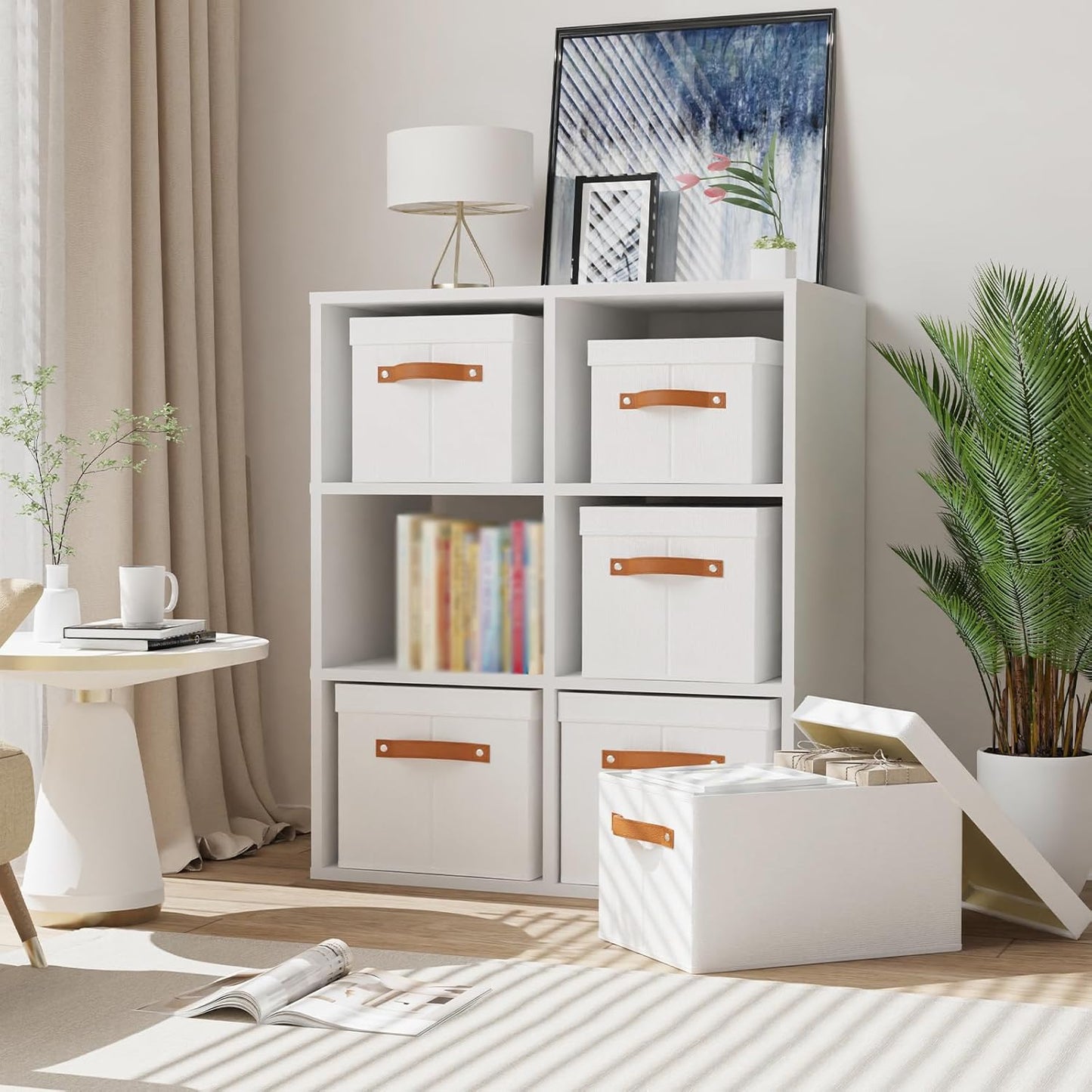 Fabric Storage Bins, Clothes Boxes for Shelves with Lids, 3 Pack Baskets for Organizing with Handles, Decorative Linen Closet Organizers, White, 16.5 x 11.8 x 10.2 Inch