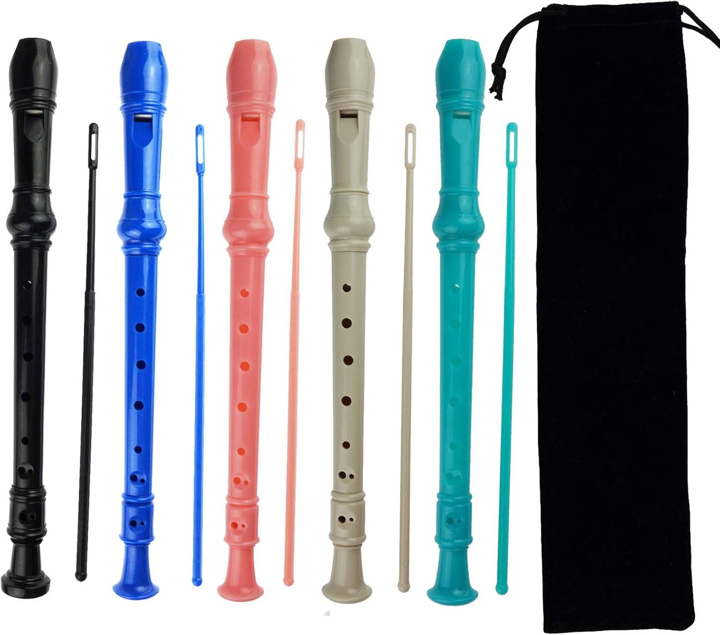 5 Pack German Style 8 Hole-3 Piece Descant Soprano Recorders with Cleaning Rod, Black Storage Bag, ABS Material (5 Colors)