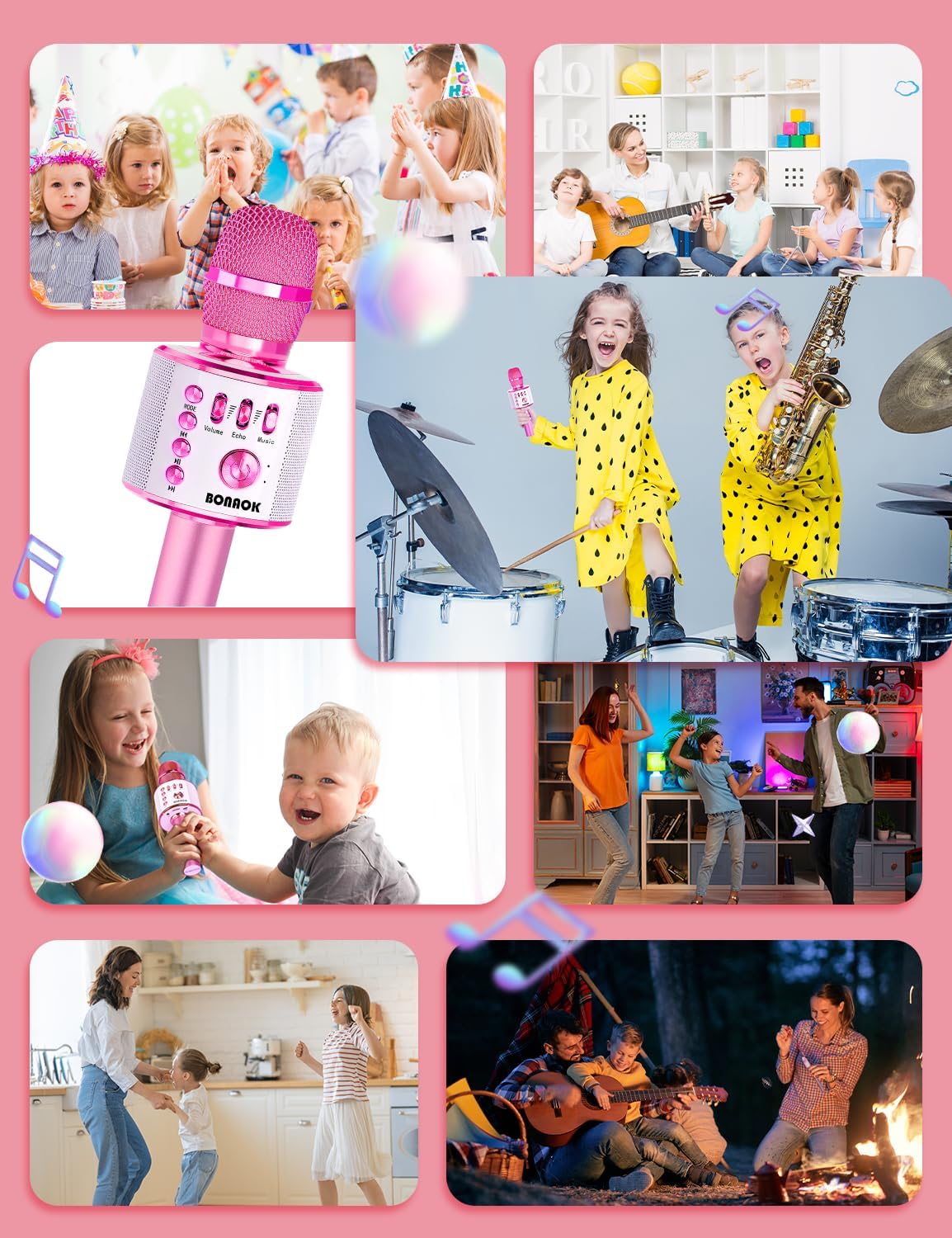 BONAOK Kids Karaoke Microphone, Wireless Bluetooth Microphone for Singing, Gift for Kids, Adults, Girls, Boys, Christmas Kids Toys Gifts for Ages 3, 4, 5, 6, 7, 8+ Years Old (Light Pinkcolor)