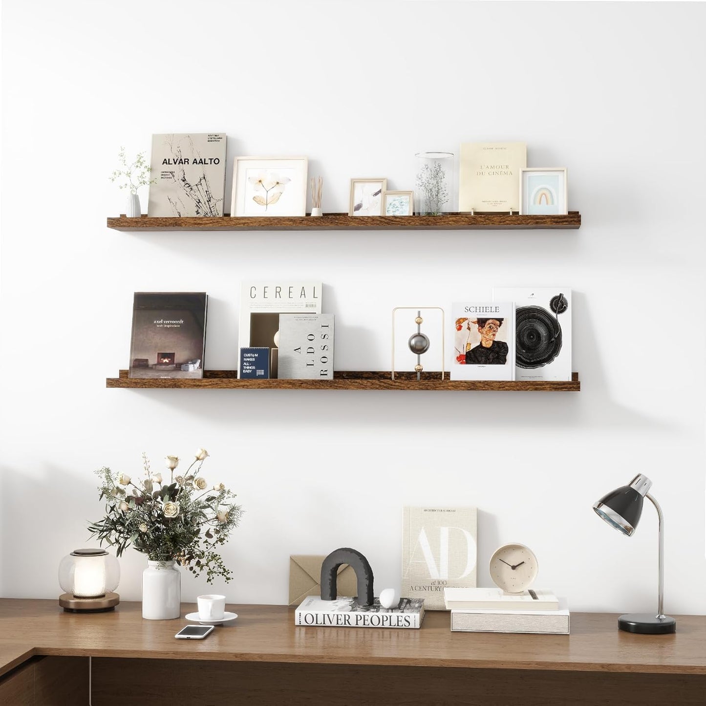 Picture Ledge Shelf, Wood Long Floating Shelves for Wall, Set of 2, 48 inch Picture Ledge Shelves, Photo Ledge Nursery Book Shelves Wall Mounted for Living Room Kids' Room Bedroom, Color Brown