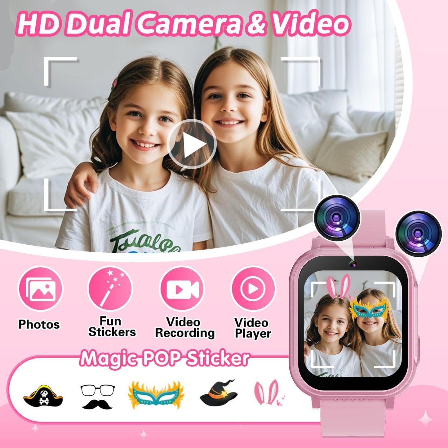 Cosjoype Kids Waterproof Smart Watch, 32 Games HD Touchscreen Kids Watch with Dual Camera Video Music Player Pedometer Flashlight 12/24 hr Christmas Birthday Gifts for Girls Ages 4 5 6 7 8 9 10