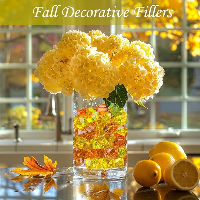 HappyFiller Fall Decor Fake Ice Rocks Cubes Acrylic Gems Stones for Vase Fillers,Kitchen Dinning Room Table Scatters,Crafts,Home Centerpieces,Candle Holder,Mix Yellow Amber Orange,14 OZ