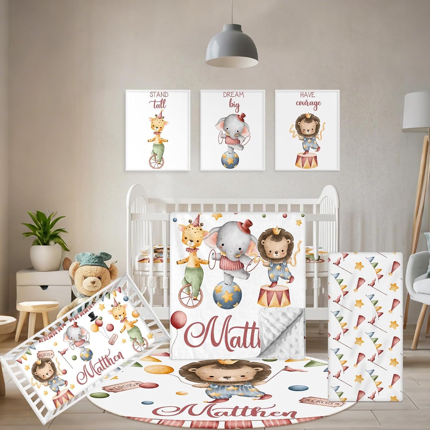 Custom Baby Crib Bedding Set, 5 Pcs Personalized Name Baby Crib Set with Double Layer Blanket, Soft Circus Animals Nursery Bedding Set for Girls Boys, Customized Gifts for Infants Toddlers