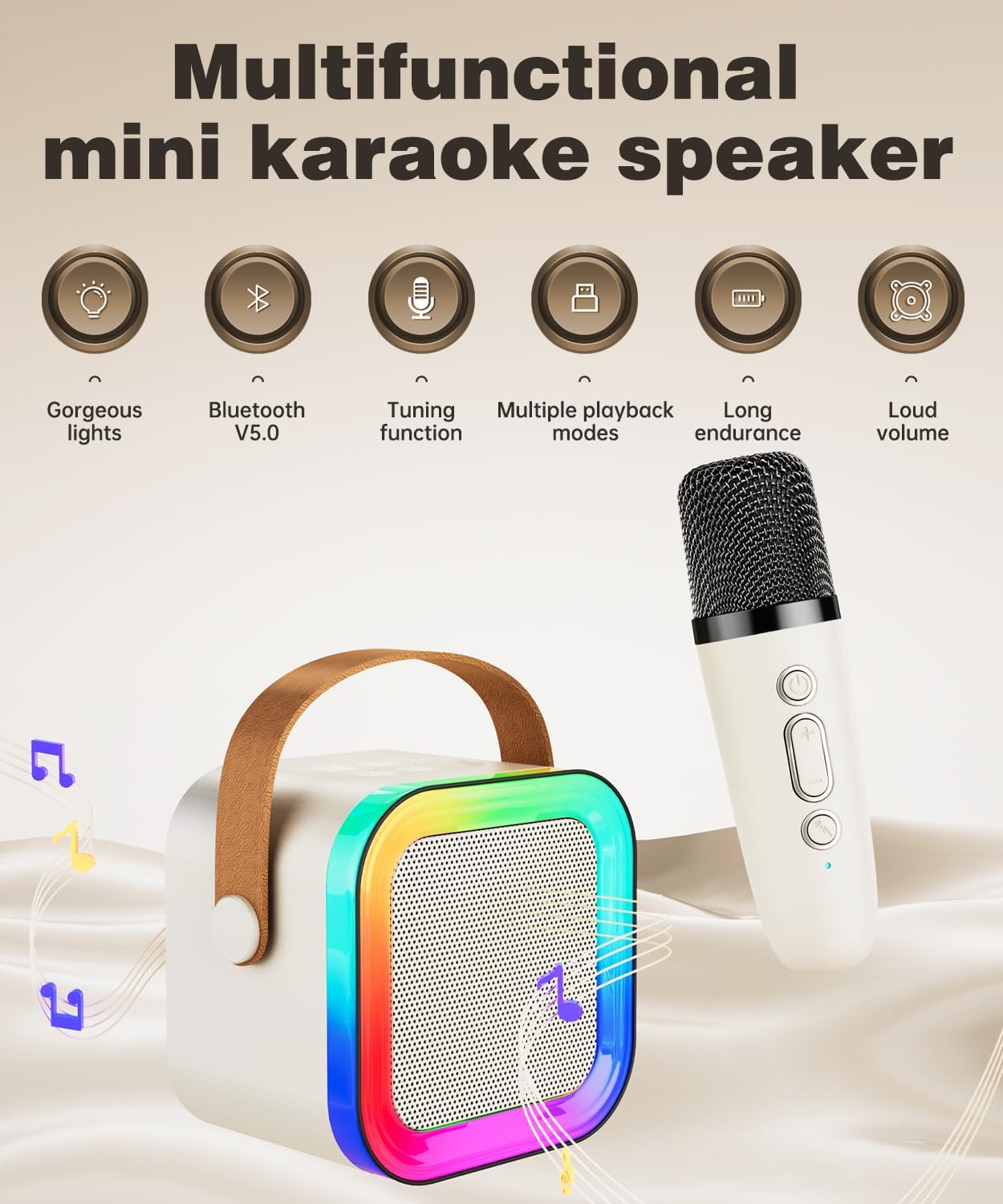 Mini Karaoke Machine Speaker for Kids Adults,Portable Bluetooth with 2 Wireless Microphones,Christmas Birthday Gifts Toys Girls Boys Ages 4, 5, 6,7, 8,9,10,11,12+ Years Old Toddler (Off-White - 2 Mic)